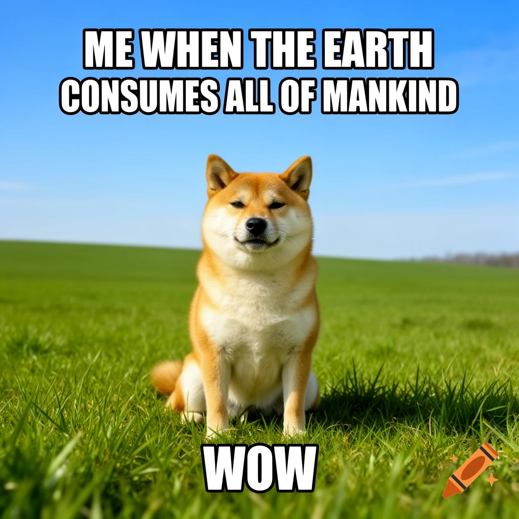 A smiling Shiba Inu dog sits in a green field under a blue sky with the meme text "ME WHEN THE EARTH CONSUMES ALL OF MANKIND" at the top and "WOW" at the bottom.