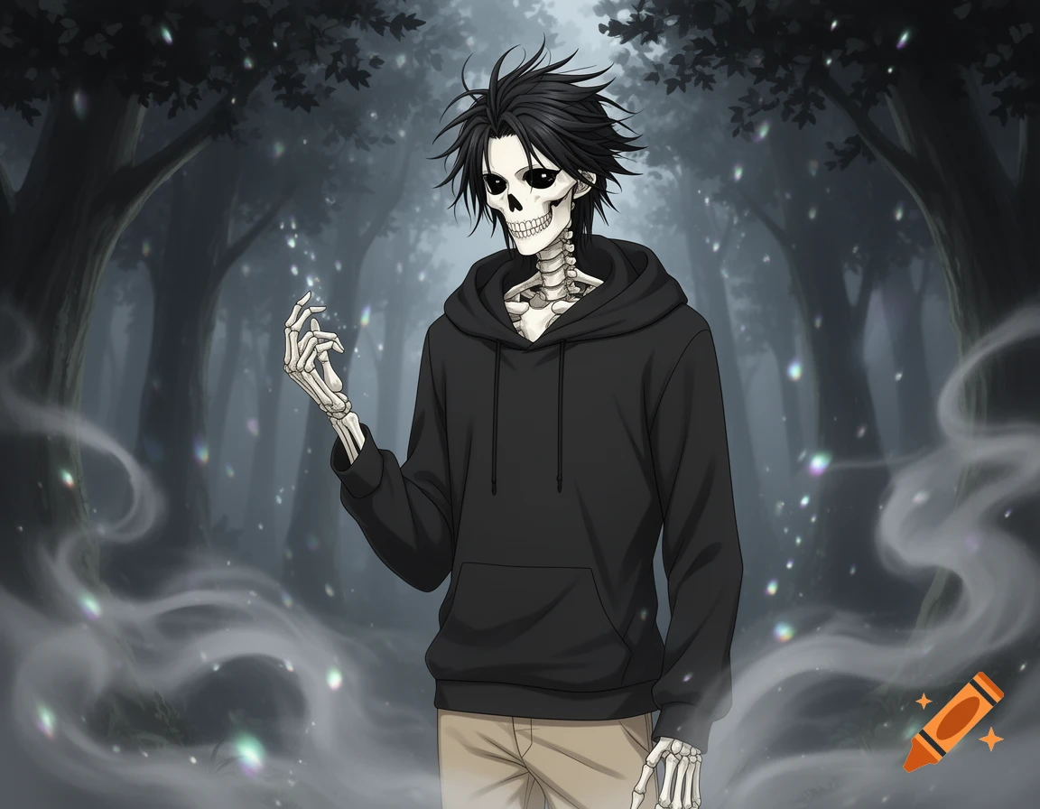 Anime skeleton with spiky black hair, black hoodie, and beige pants stands in a dark, misty forest.