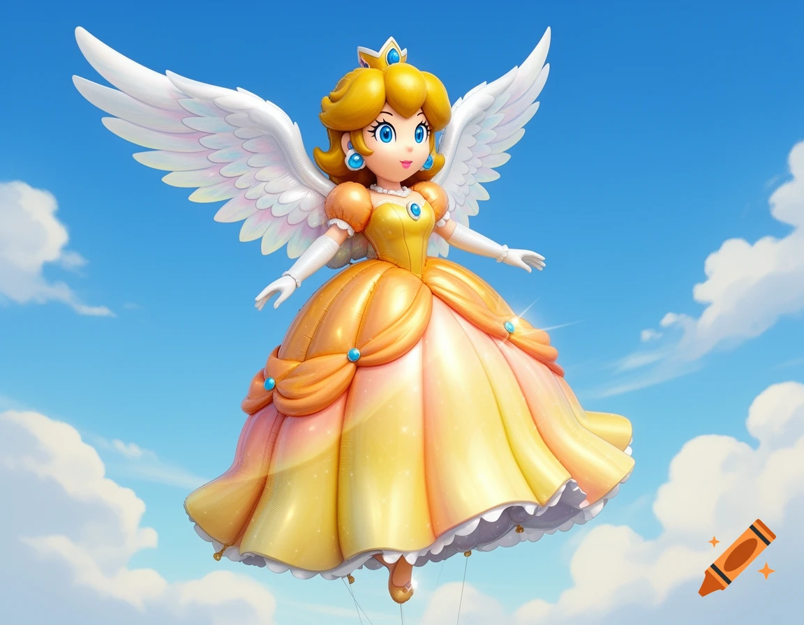 A Princess Daisy balloon with angel wings and a golden ballgown, flying in a bright blue sky with white clouds.