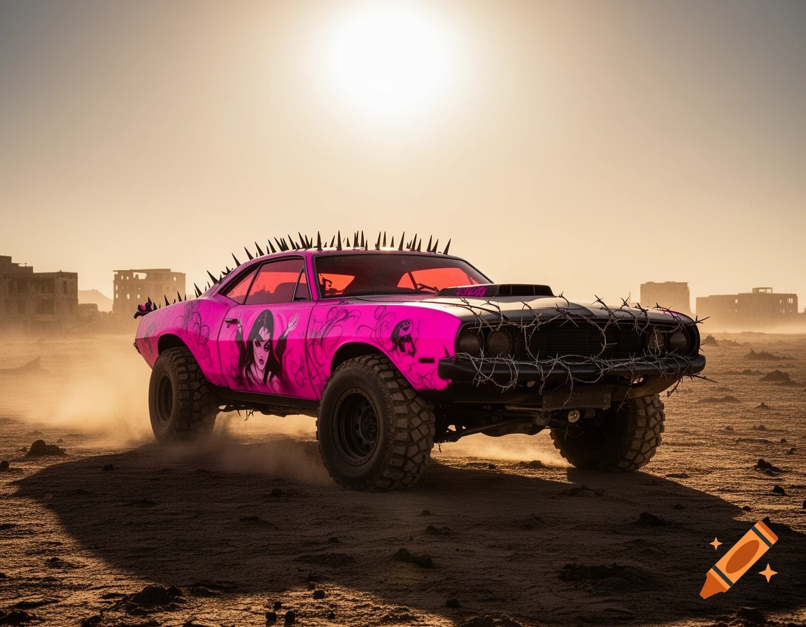 A pink, spiked, off-road custom car with barbed wire on the grille, driving through a dusty, post-apocalyptic desert landscape under a bright sun.
