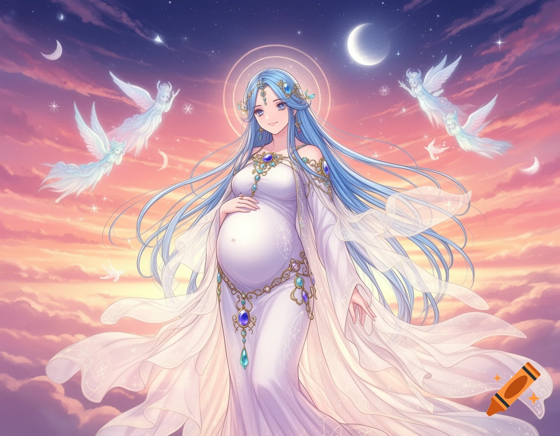 Anime style portrait of a pregnant woman with long blue hair and flowing white dress, surrounded by ethereal angels under a starry sky.