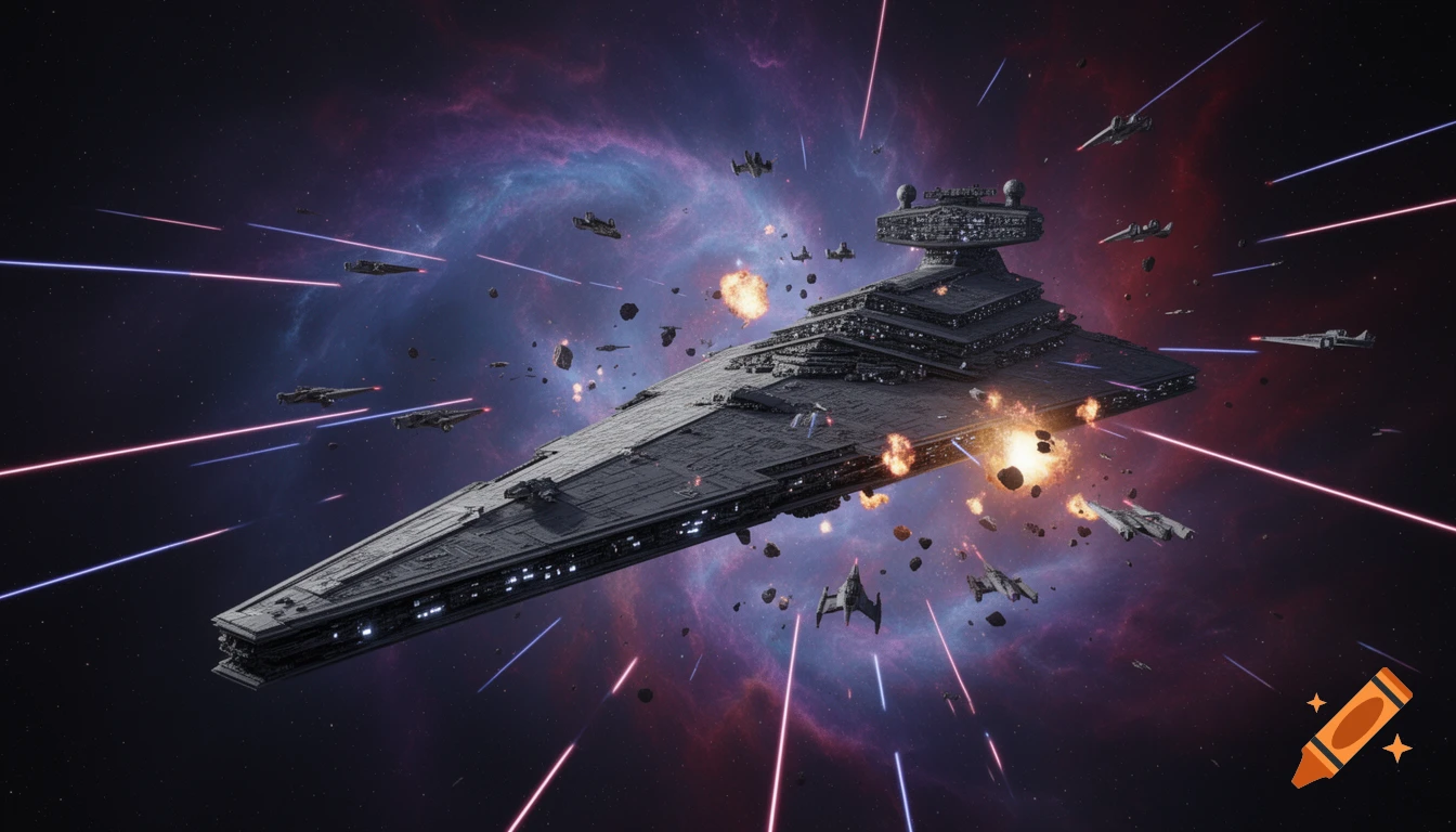 A massive grey star dreadnought battles smaller starships amidst laser fire, explosions, and a colorful nebula in space, photorealistic.