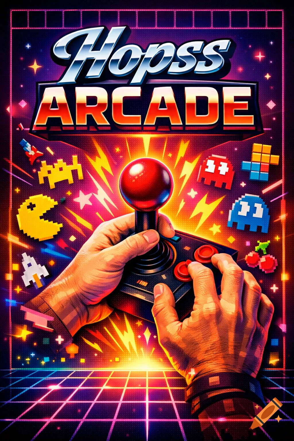 An 80s-style poster for "Hopss Arcade" with hands on a joystick, surrounded by pixel art game characters on a neon grid background.
