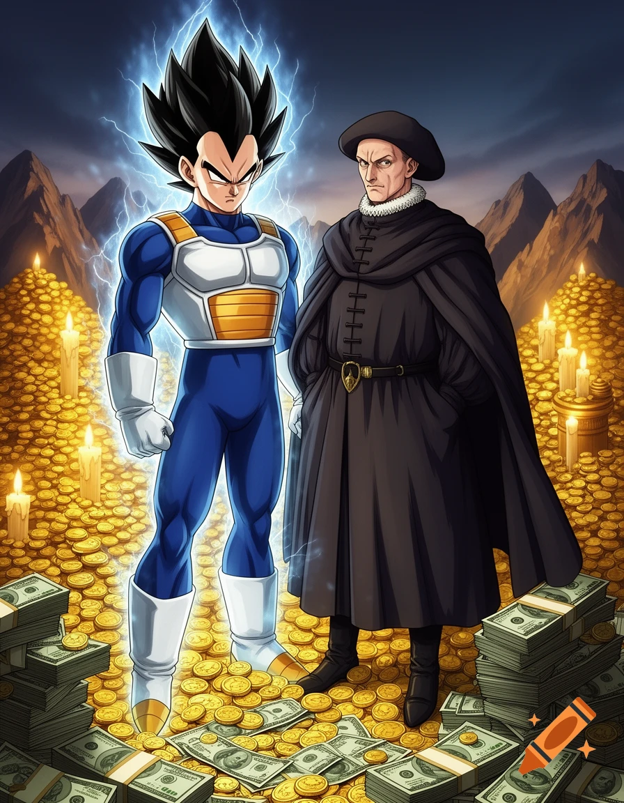 Anime-style Vegeta and a man resembling Machiavelli stand on piles of gold coins and cash, with mountains in the background.