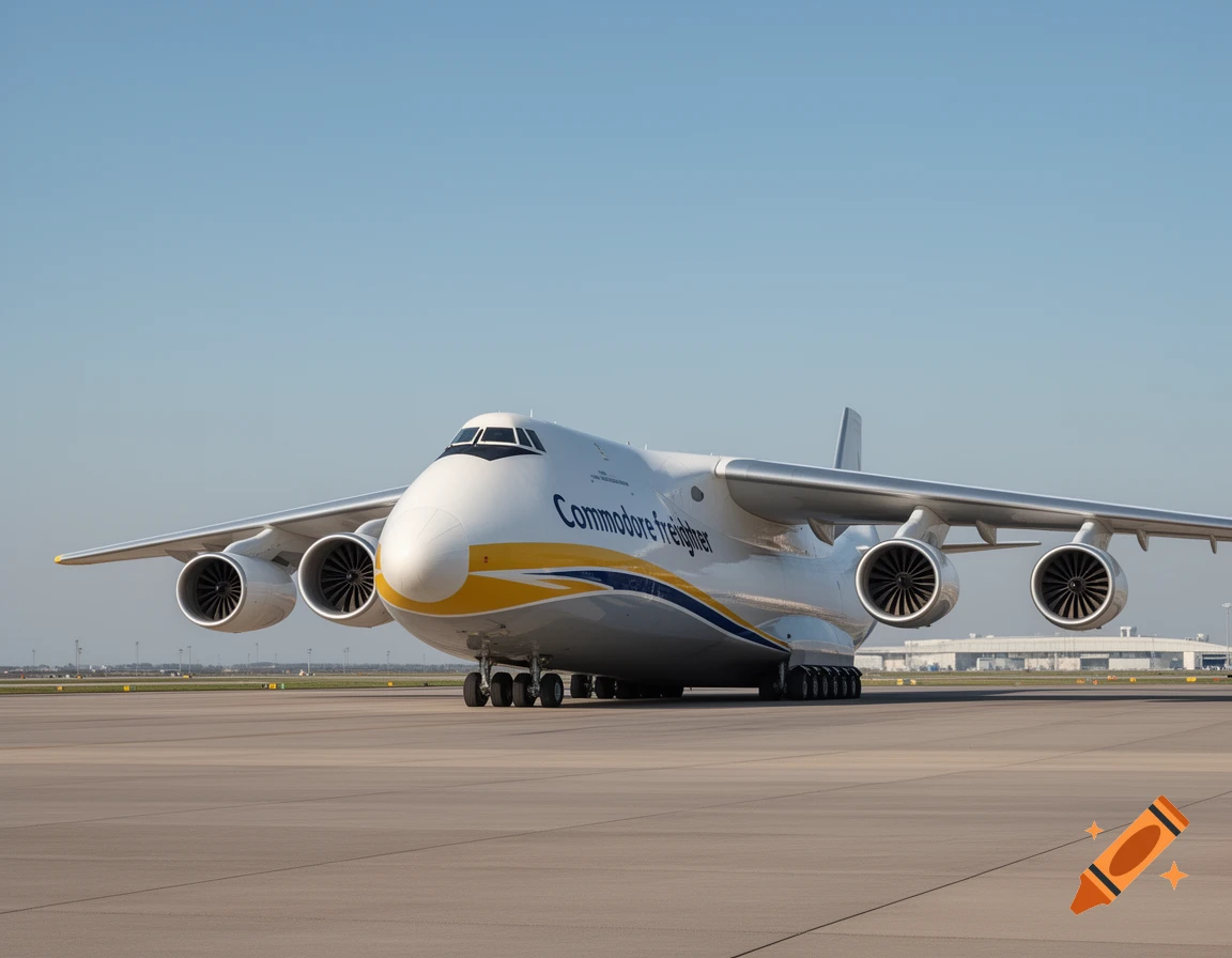 A large white cargo airplane with "Commodore freighter" on its side, parked on a tarmac under a clear sky.