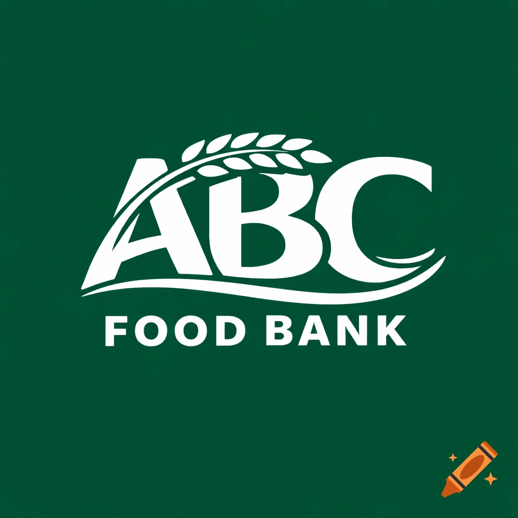 A simple two-color logo for ABC Food Bank with white text and a wheat stalk design on a dark green background.