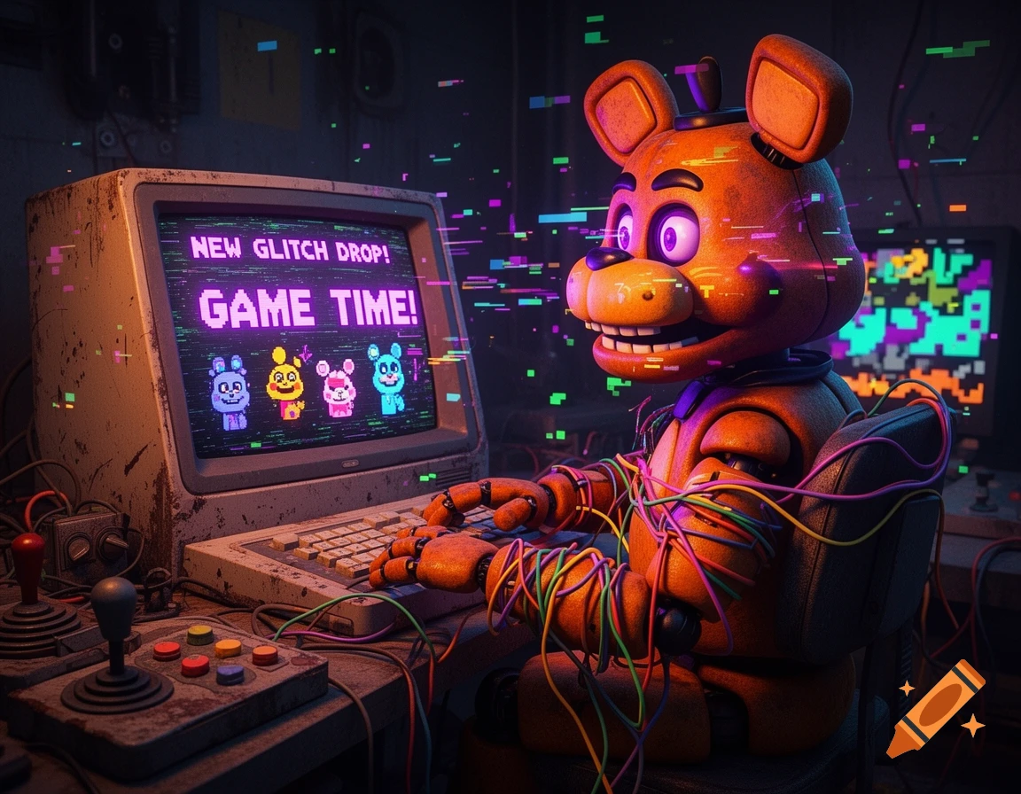 An orange animatronic bear sits at a glitchy retro computer, with "NEW GLITCH DROP!" and "GAME TIME!" on the screen.