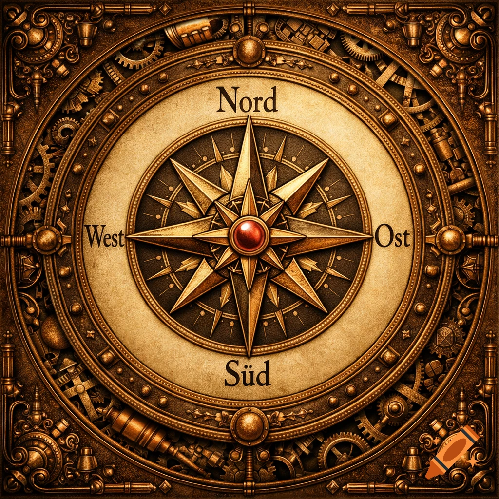 A highly detailed, ornate steampunk compass in brass and copper, featuring gears and engravings, with the cardinal directions in German.