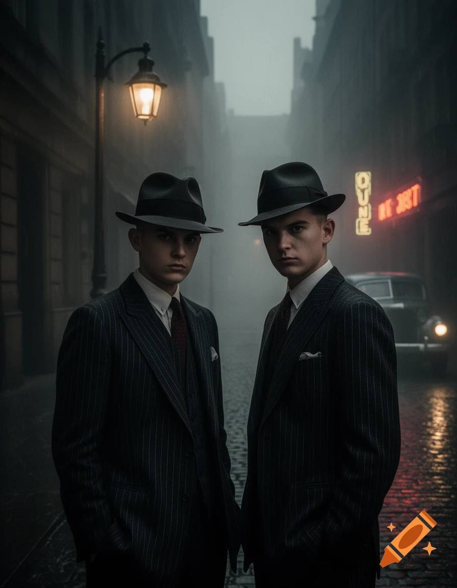 Two young men in pinstripe suits and fedoras stand in a dark, rainy city alley under a streetlamp with a neon sign in the background, in a photorealistic noir style.