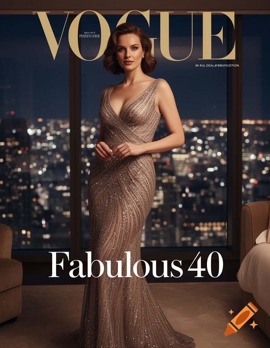A woman in a sparkling gold gown poses for a Vogue magazine cover, with a city skyline at night visible through a large window behind her. Text reads "VOGUE Fabulous 40".
