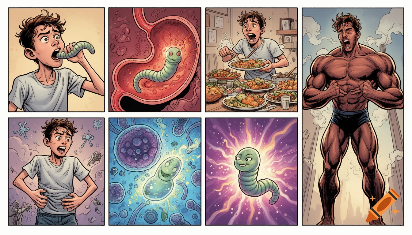 A six-panel comic. A boy swallows a worm, which makes him extremely hungry. He eats massive amounts of food, and the worm inside transforms him into a muscular man, illustrated in a cartoon style.