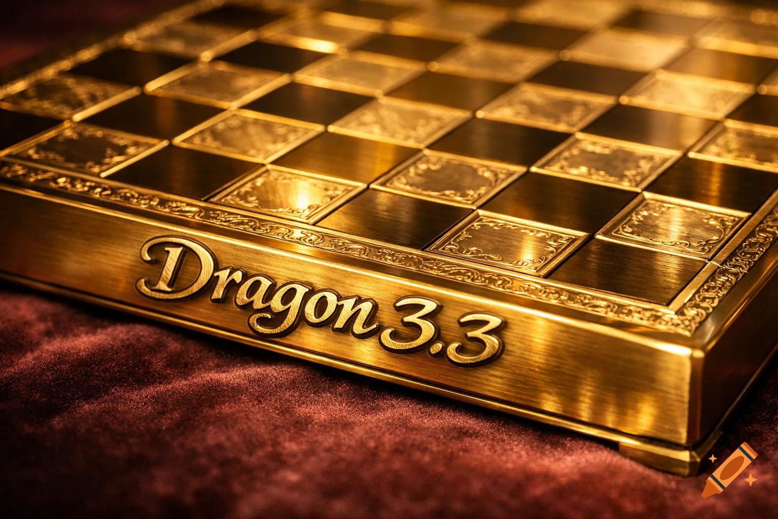Close-up of a luxurious golden chessboard with "Dragon 3.3" inscribed on its edge, resting on a red velvet surface.