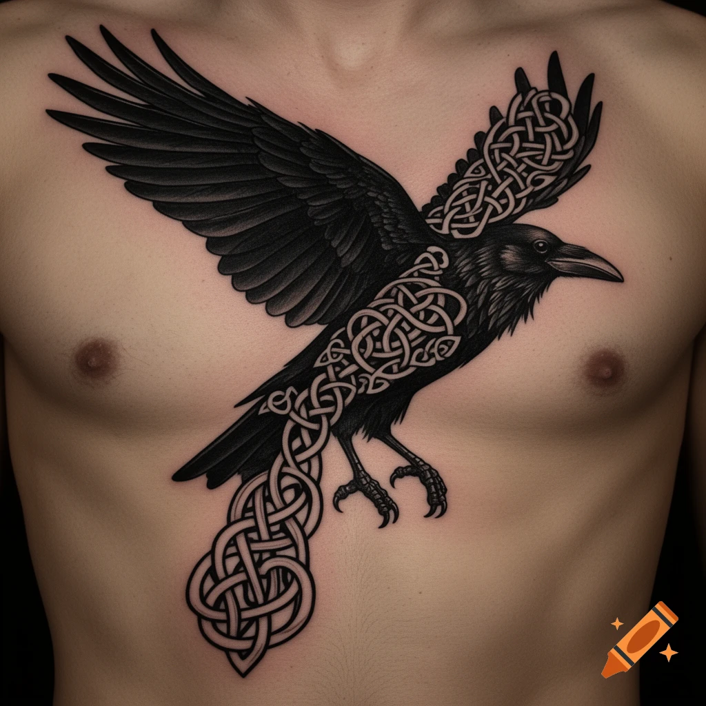 A detailed black raven tattoo with intricate Celtic knotwork on a person's chest.