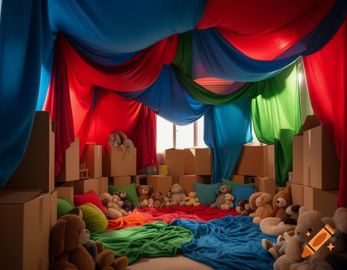 A colorful blanket fort made from red, blue, and green blankets draped over cardboard boxes. Numerous stuffed animals sit inside on colorful blankets.