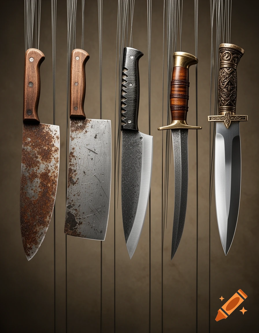 Five different knives and cleavers, including rusty and polished ones, hanging by thin vertical strings against a dark brown background.