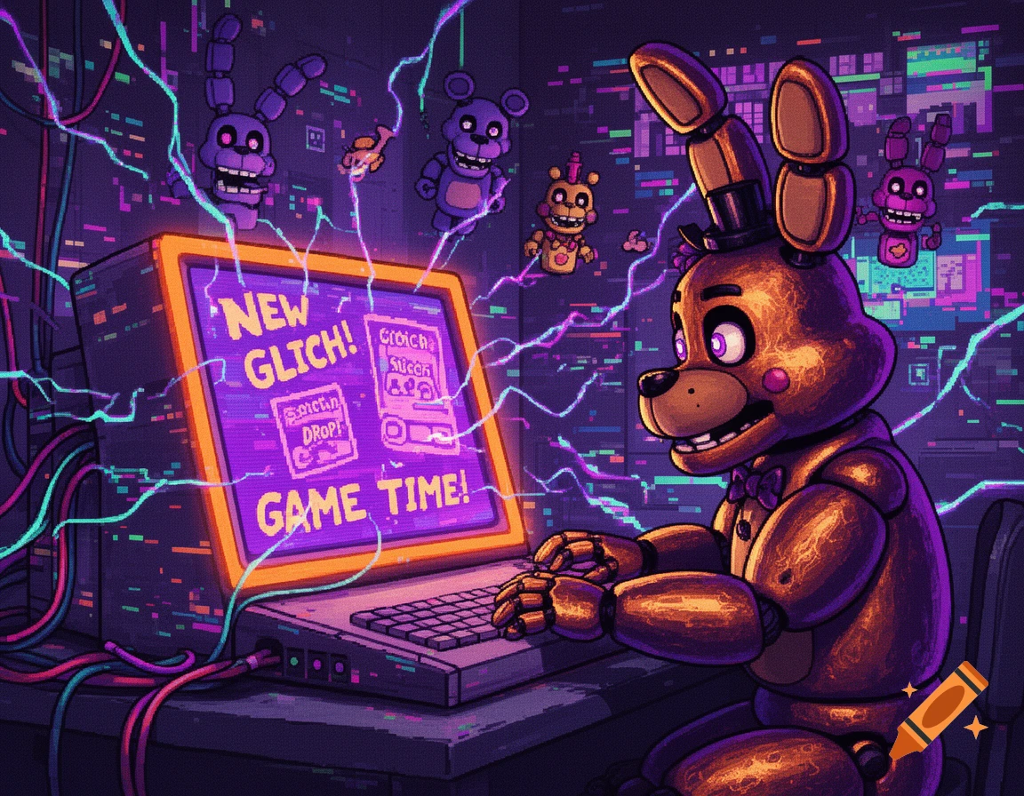 Lolbit from Five Nights at Freddy's sits at a retro computer with a glitchy monitor displaying 'NEW GLITCH! GAME TIME!', surrounded by pixelated animatronics and neon wires in an 80s style.