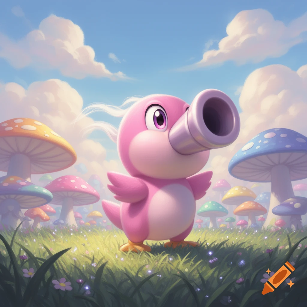 A pink, cartoon-like Birdo character stands in a whimsical field of colorful mushrooms and flowers under a blue sky.