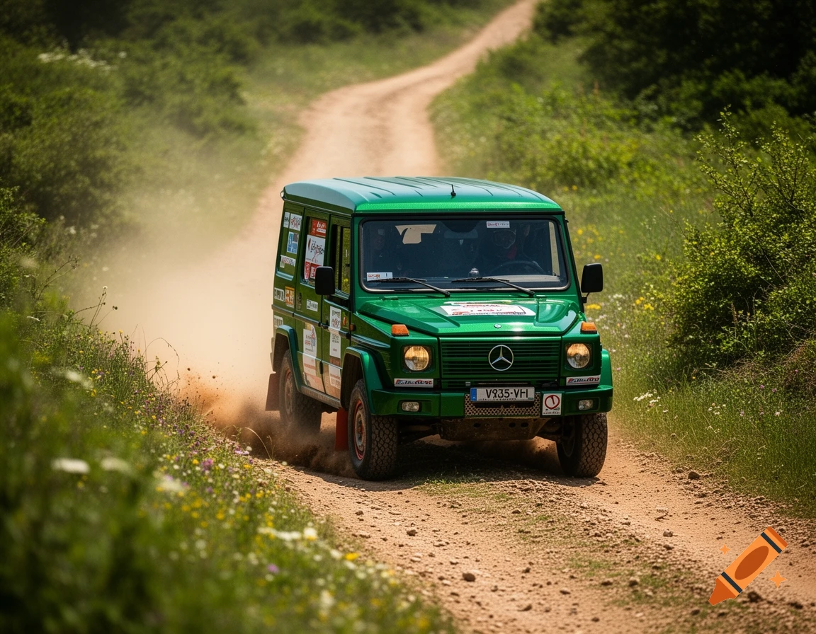 A green Mercedes-Benz G-Wagen off-road vehicle kicks up dust on a winding dirt road through lush green foliage, under a bright sky.