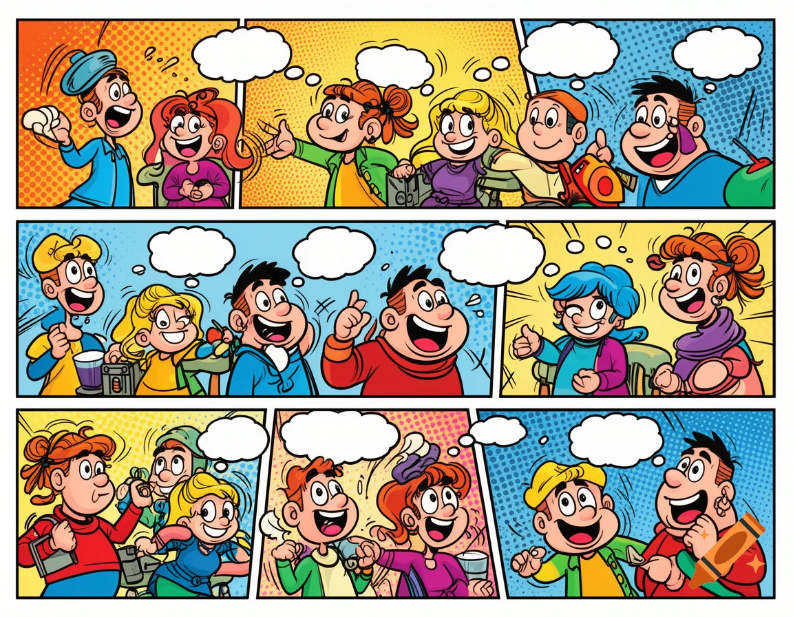 A vibrant comic strip featuring multiple panels with cheerful cartoon characters in various poses and expressions, some with empty thought bubbles.