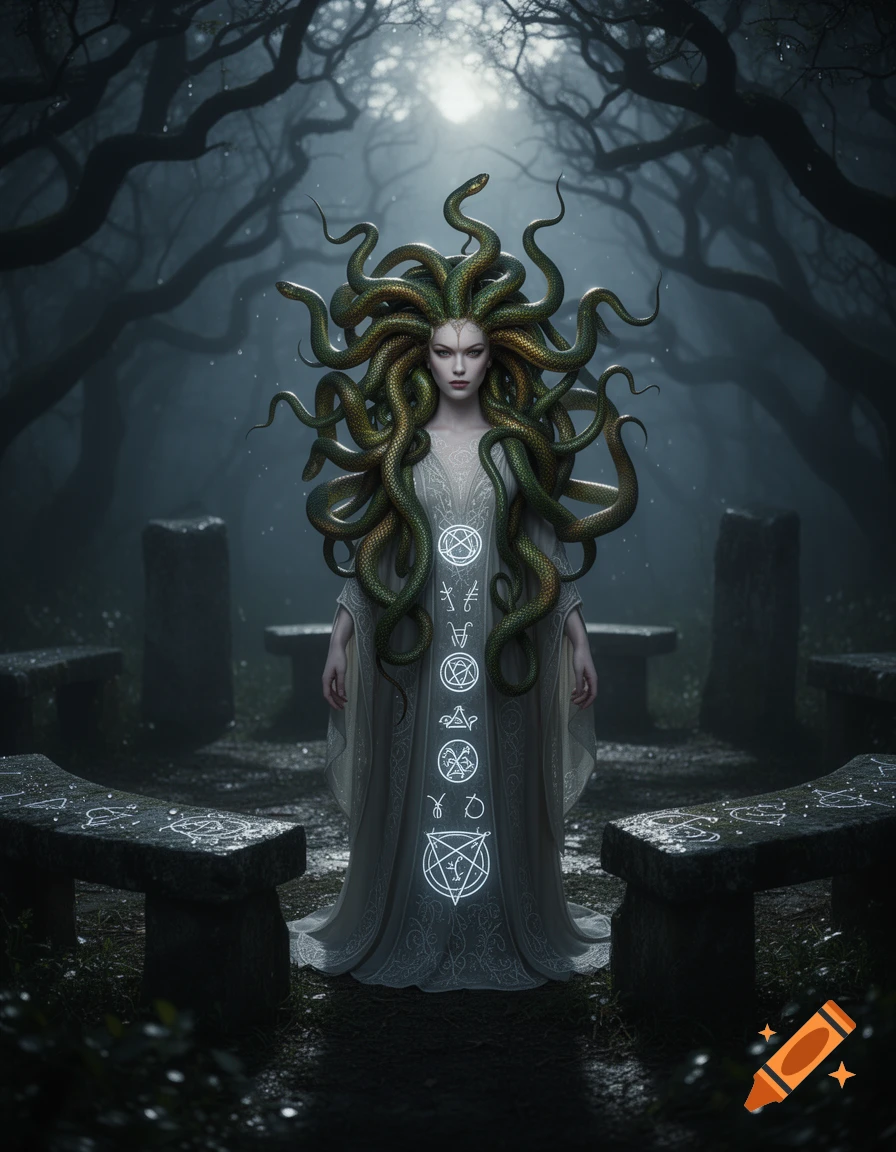 A Medusa-like woman with snakes for hair stands in a misty forest. She wears a long dress with glowing occult symbols, surrounded by stone benches with carvings. Photorealistic.