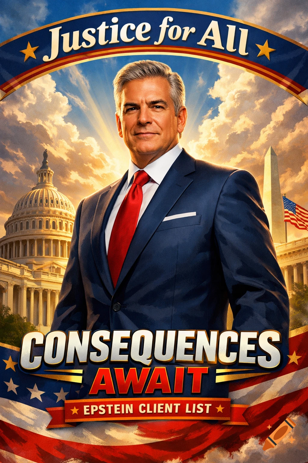A man in a suit and red tie on a political campaign poster with 'Justice for All' and 'Consequences Await Epstein Client List' over US landmarks.