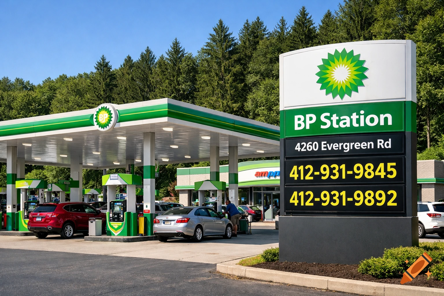 A photorealistic image of a BP gas station with several cars, set against a backdrop of green trees under a clear blue sky.