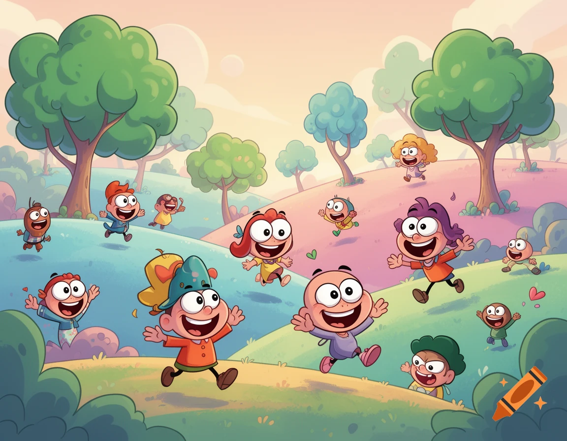 A vibrant cartoon shows many happy children running and playing on a grassy hill in a colorful park at sunset.