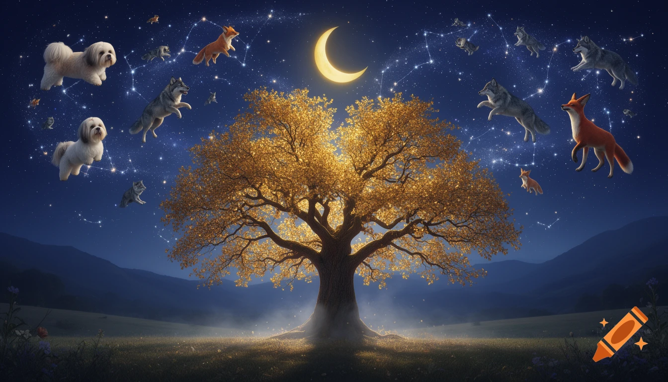 A majestic golden tree under a crescent moon at night, with Shih Tzu dogs, wolves, and foxes floating among star constellations in a surreal landscape.