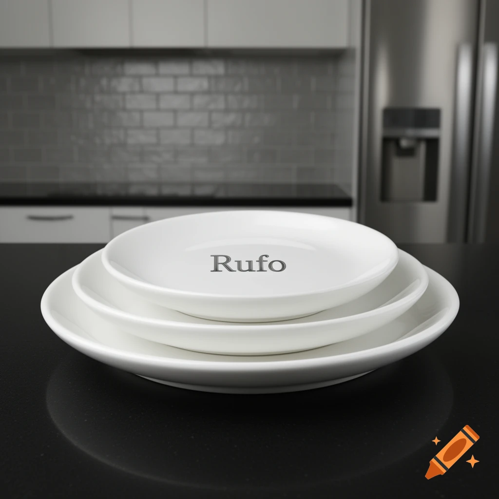 Three white saucers stacked on a black countertop in a modern kitchen. The top saucer has 'Rufo' inscribed.