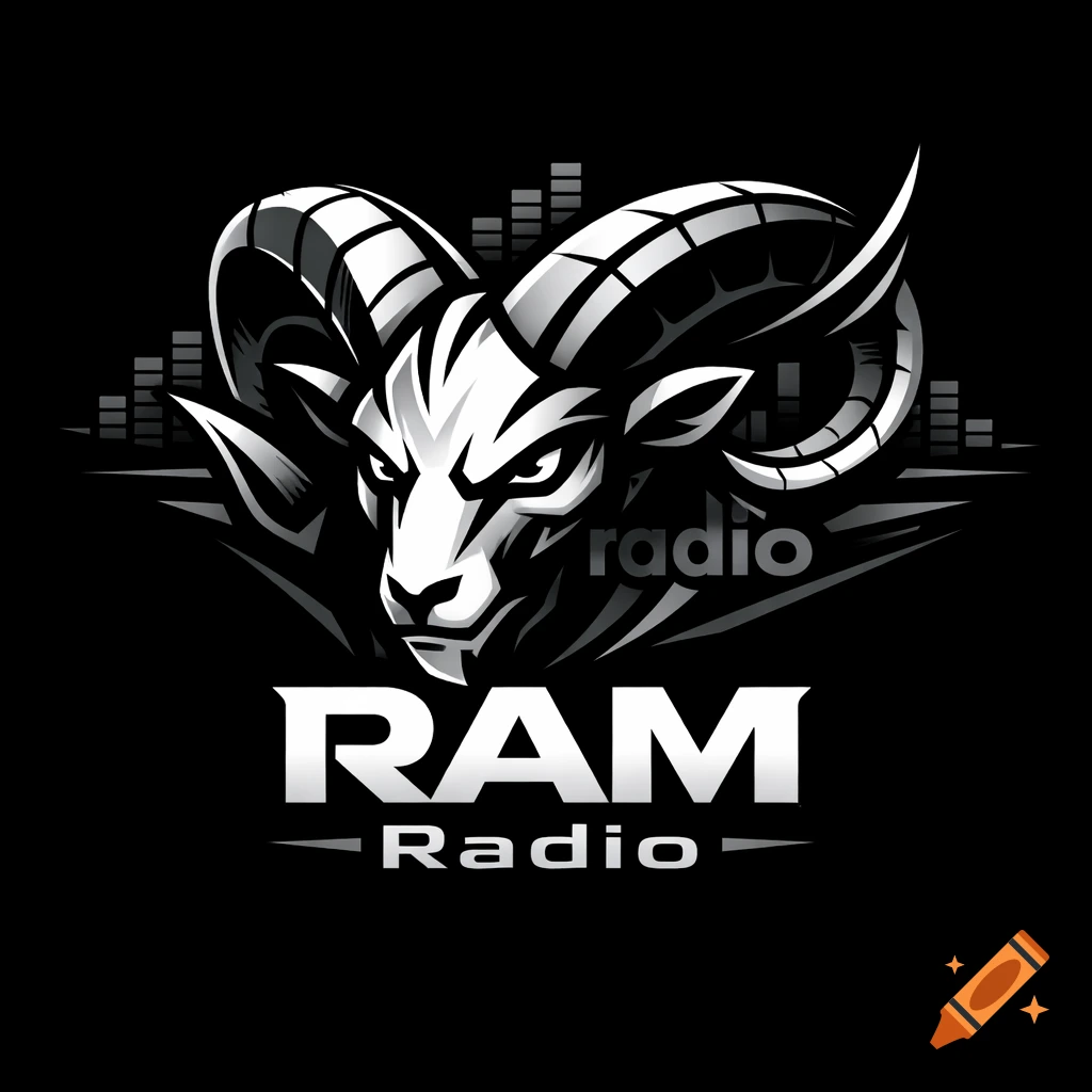 A black and white logo featuring a stylized, fierce ram's head with metallic gray horns and the text "RAM Radio" below.