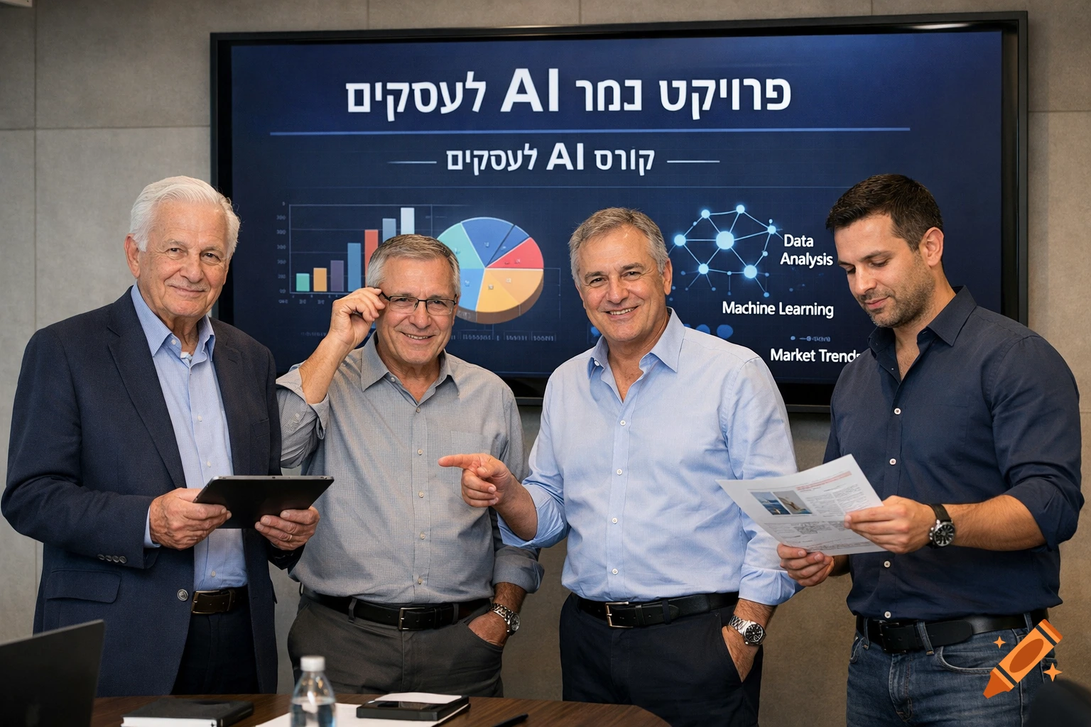 Four men in a meeting room smiling, standing in front of a screen displaying an AI for business presentation.