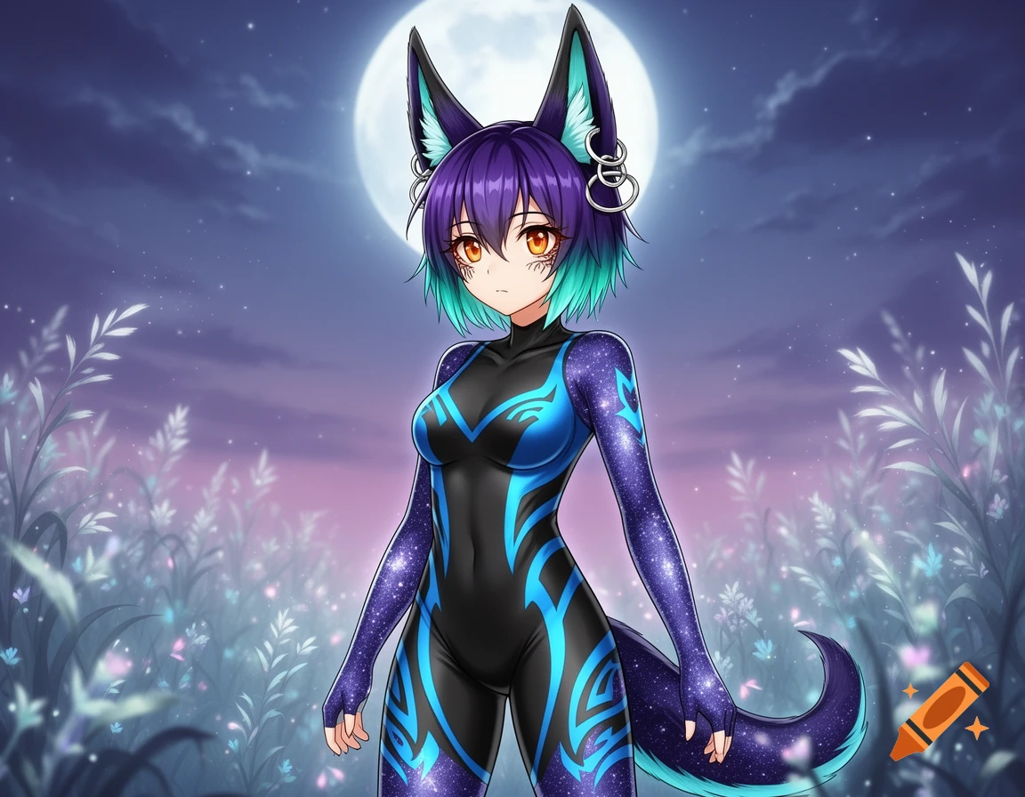 An anime furry girl with purple and teal hair, animal ears, and a ...