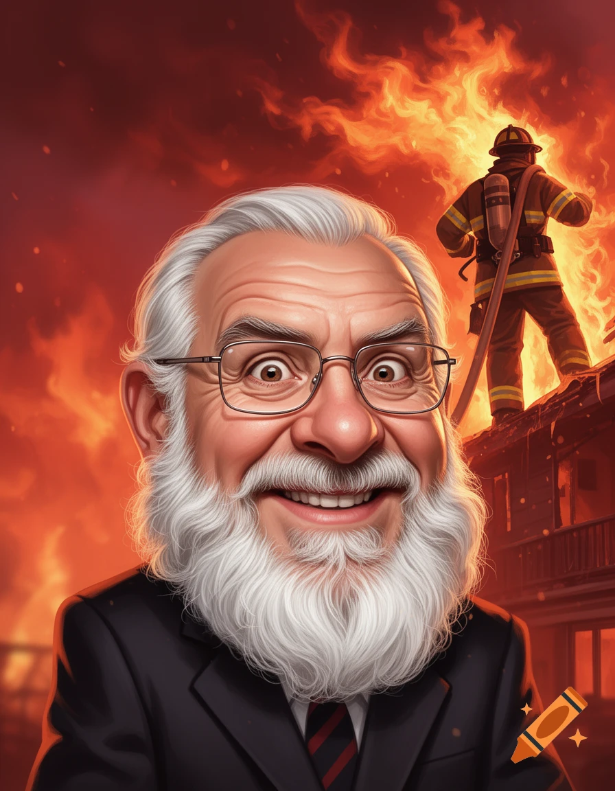 Digital illustration of a smiling caricatured man with white beard and glasses, a firefighter on a burning roof in the background.