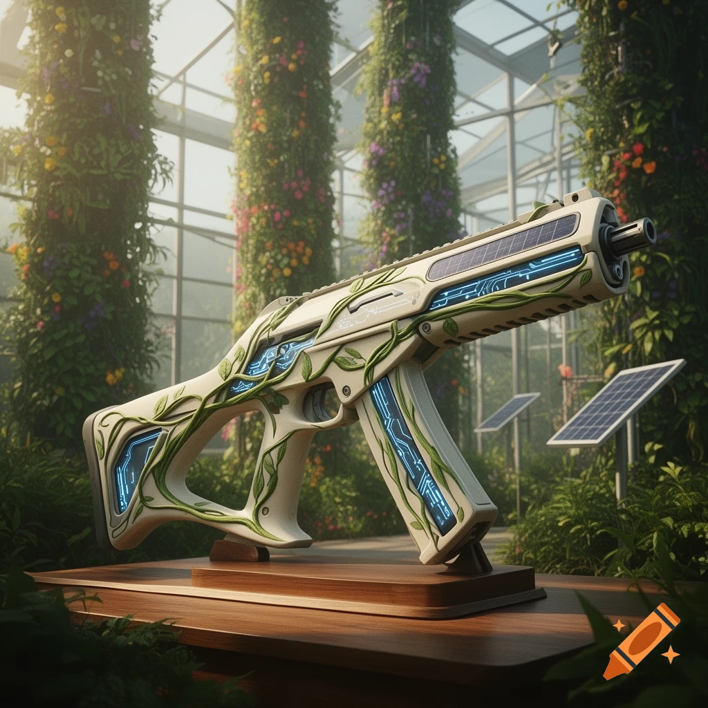 A stylized solarpunk assault rifle, cream-colored with green vines and glowing blue circuitry, on a wooden stand in a lush greenhouse with solar panels.