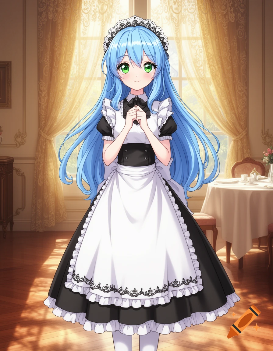 An anime girl with long blue hair and green eyes, wearing a black and white maid dress with a ruffled apron and lace headpiece, smiles in a sunlit room.