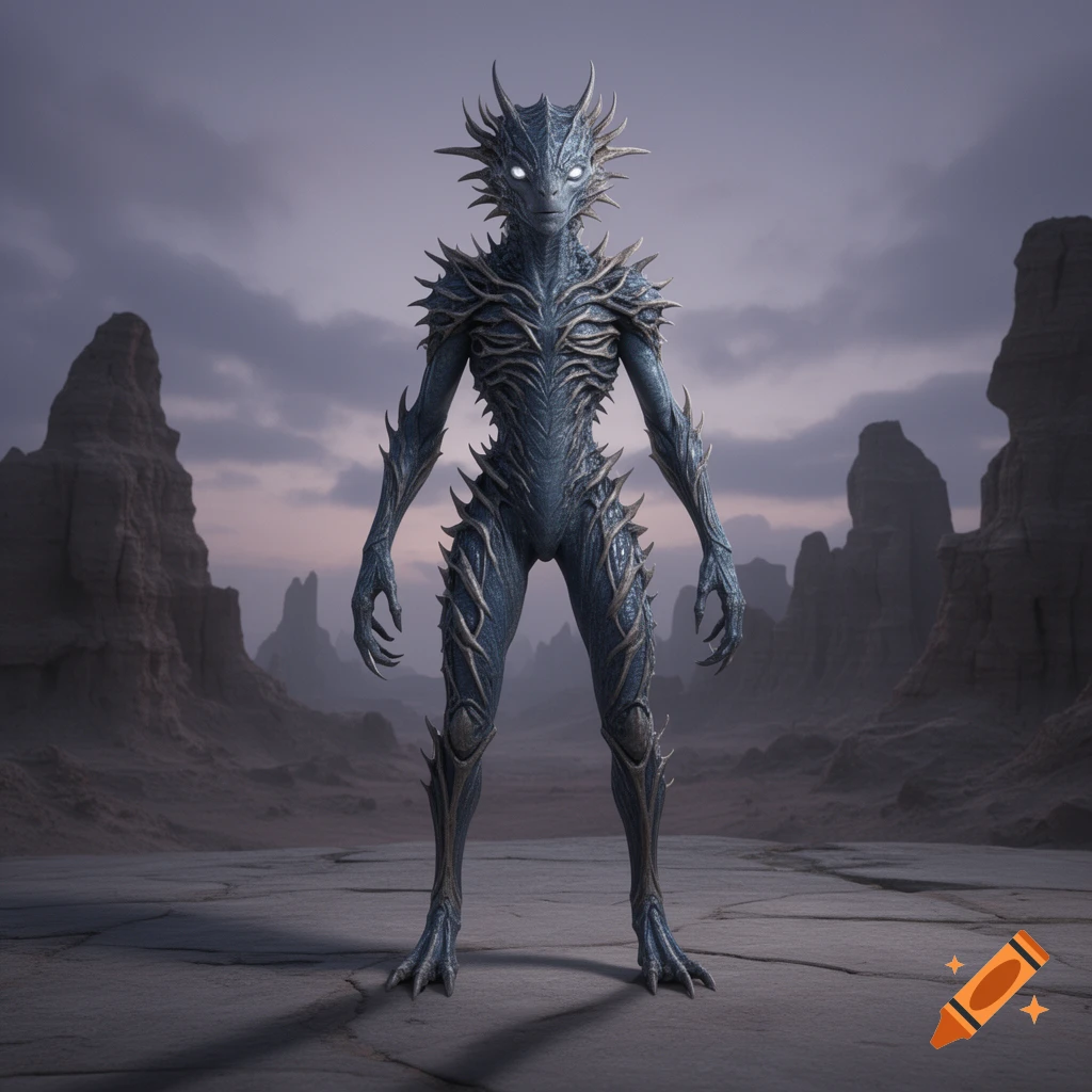 A photorealistic blue-grey alien creature with glowing eyes and spiky armor stands in a desolate, rocky landscape under a cloudy sky.