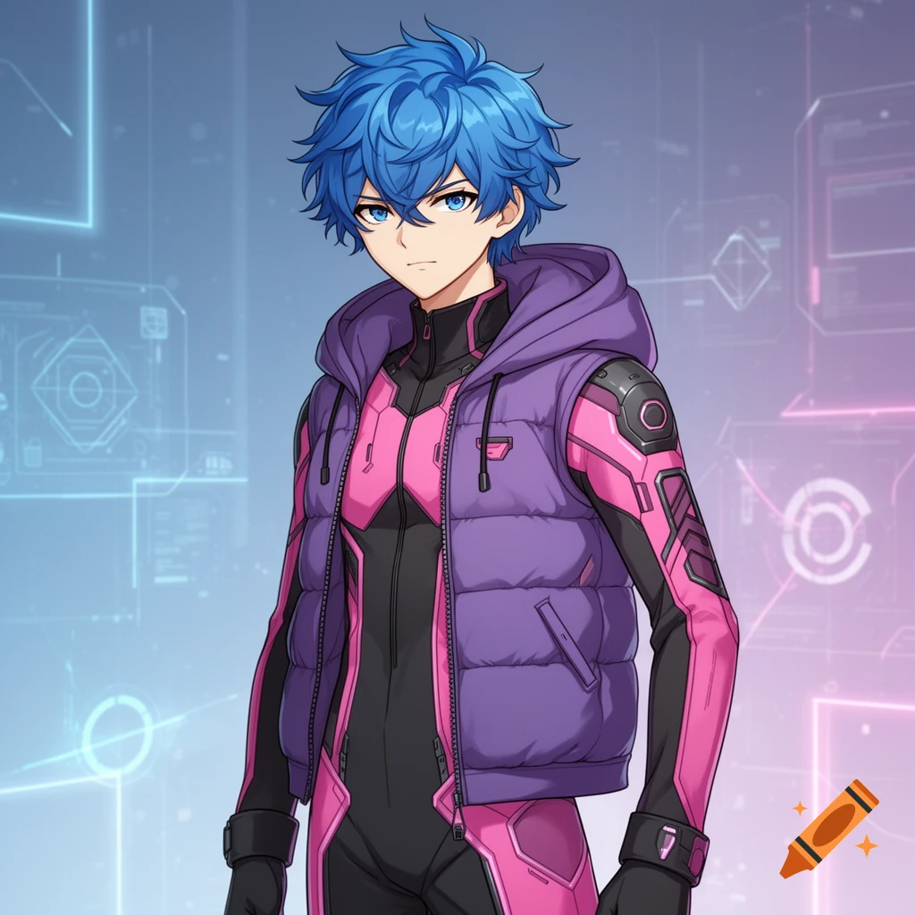 Anime boy with blue hair and blue eyes wears a purple hooded vest over a pink and black pilot suit against a futuristic background.