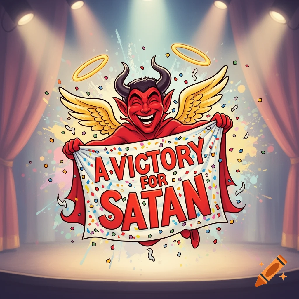 A laughing cartoon devil with horns, wings, and halos on a stage holds a banner reading 'A VICTORY FOR SATAN' amidst confetti.