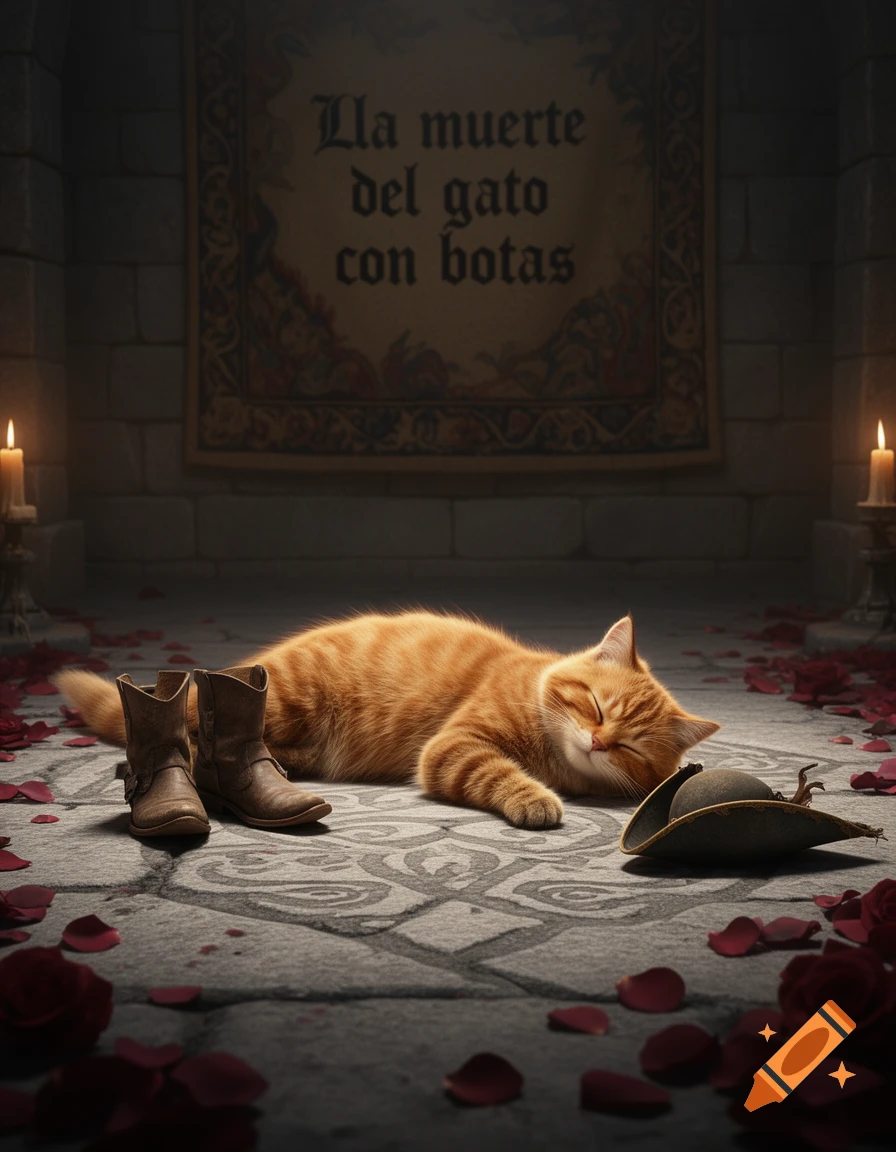 Orange tabby cat in a hat and boots asleep on a stone floor with rose petals and candles in a dimly lit castle hall.