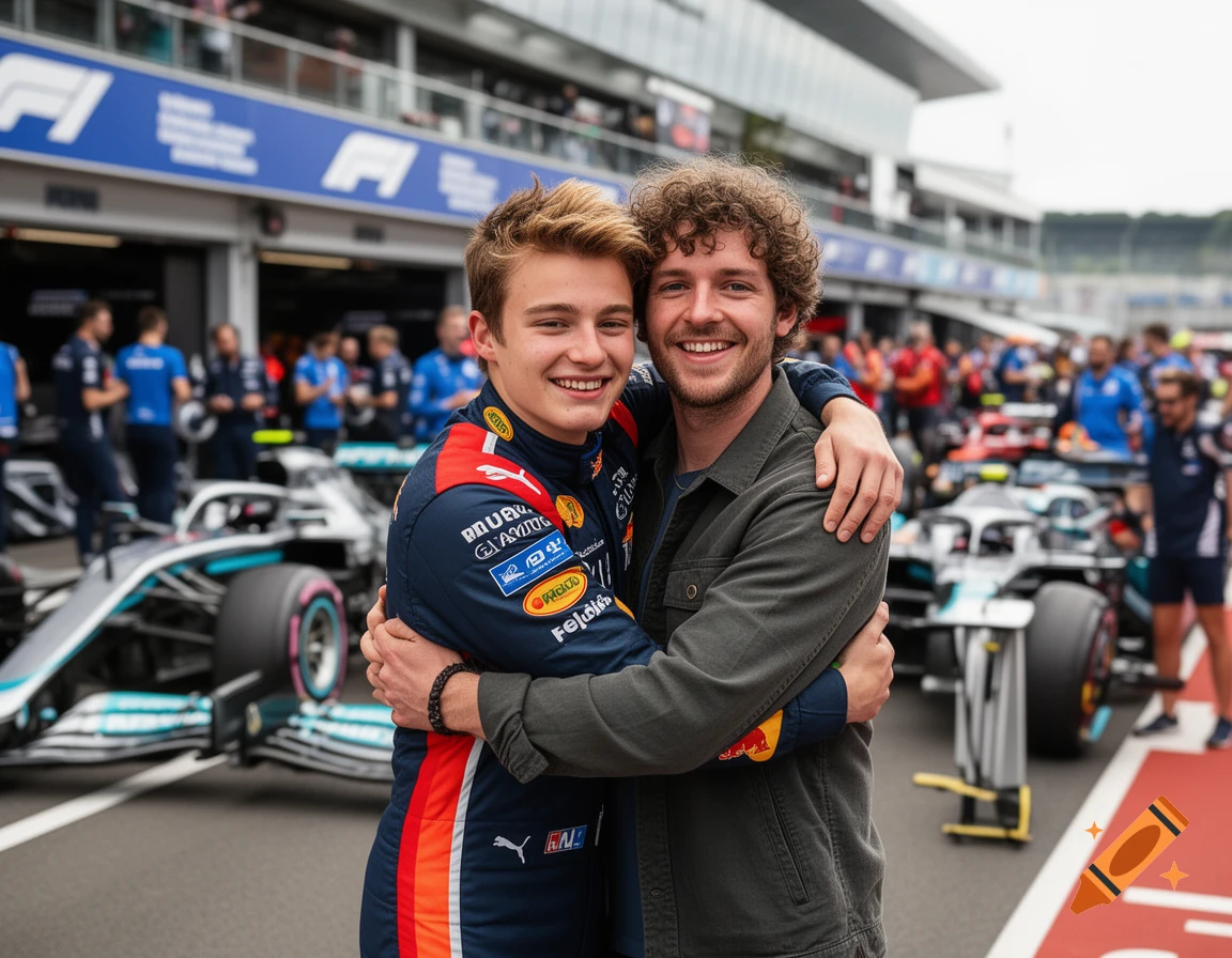 Two smiling men embrace in the pit lane of a Formula 1 race track, with race cars and crew in the background.