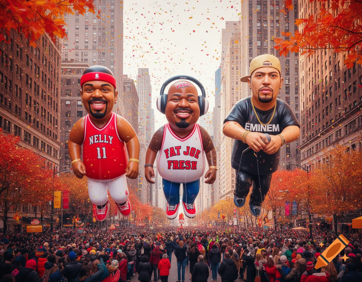 Giant cartoon-like balloons of rappers Nelly, Fat Joe, and Eminem float above a large crowd during a Thanksgiving Day Parade in a city street lined with autumn trees.