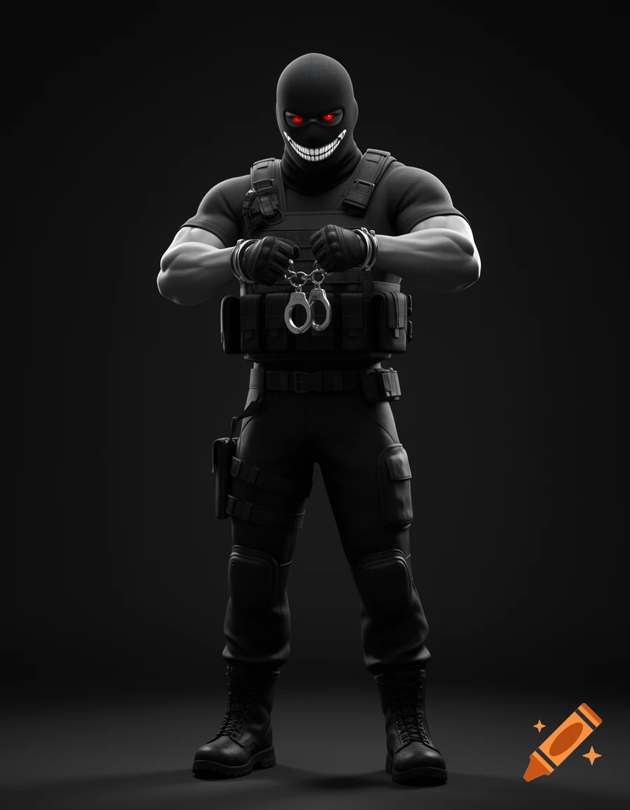 3D art of a muscular male in black tactical gear, balaclava with a creepy white smile and red eyes, holding handcuffs.