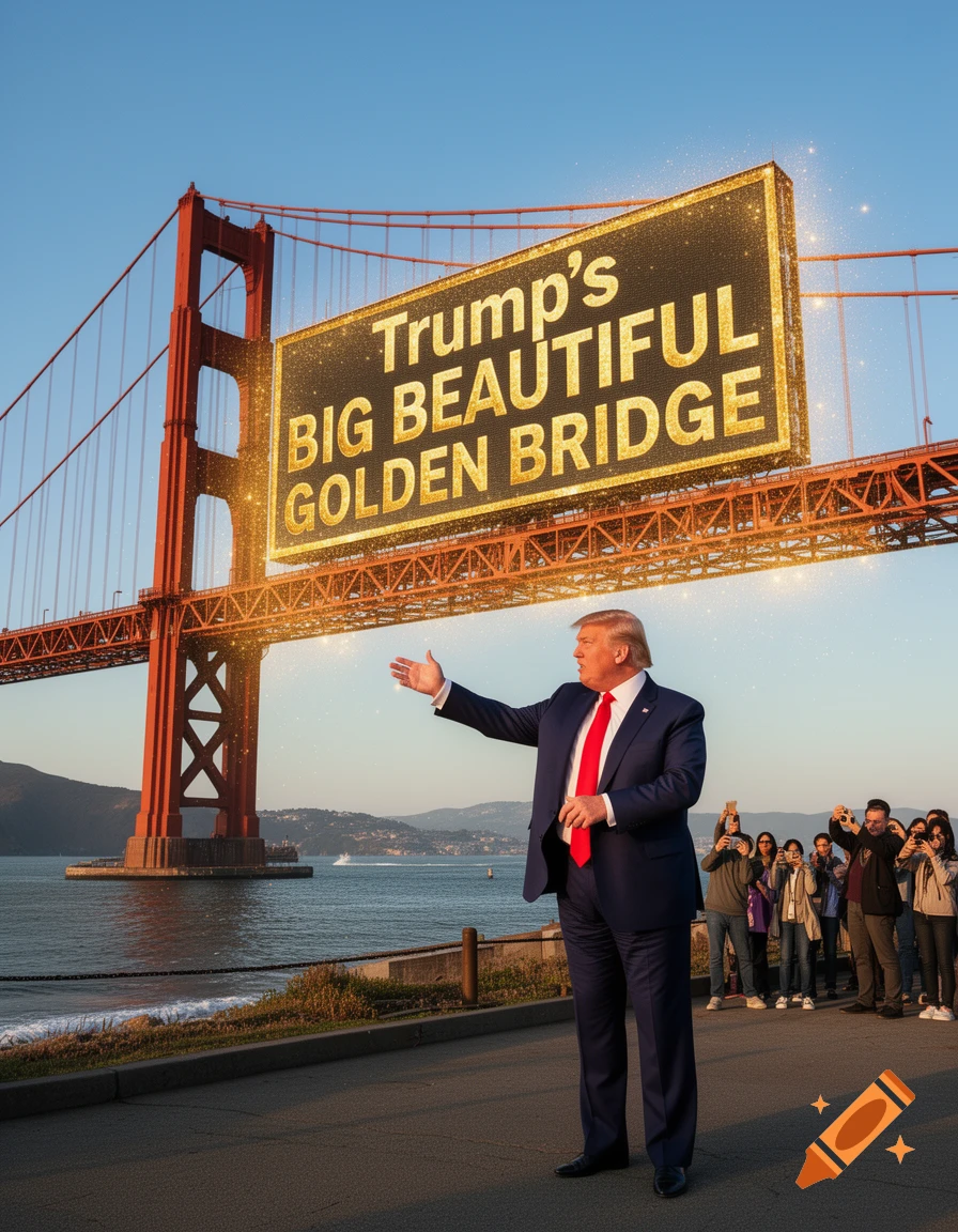 Donald Trump gestures in front of the Golden Gate Bridge, which has a large sparkling sign reading 'Trump's BIG BEAUTIFUL GOLDEN BRIDGE'.