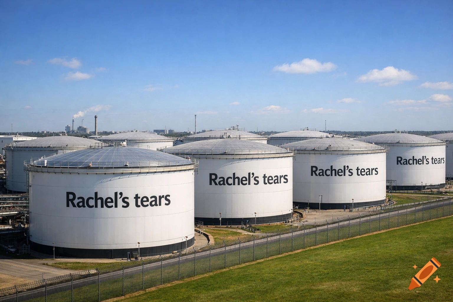 Photorealistic image of a petroleum tank farm with multiple large white tanks labeled "Rachel's tears" under a blue sky.
