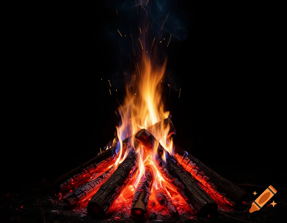 A vibrant campfire with bright orange and red flames, smoke, and sparks against a pure black background.