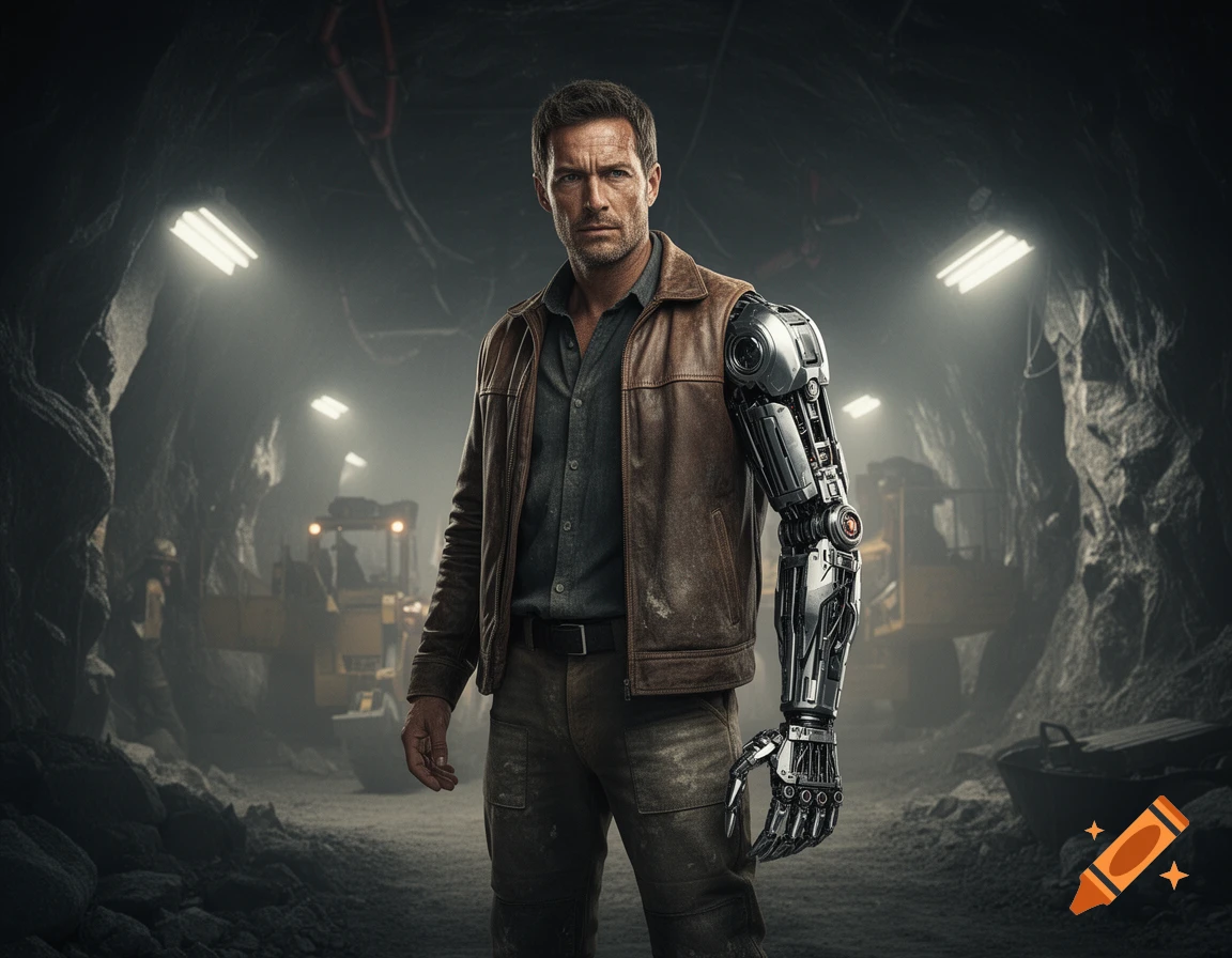 A photorealistic image of a rugged man with a shiny cybernetic arm standing in a dimly lit mine tunnel.