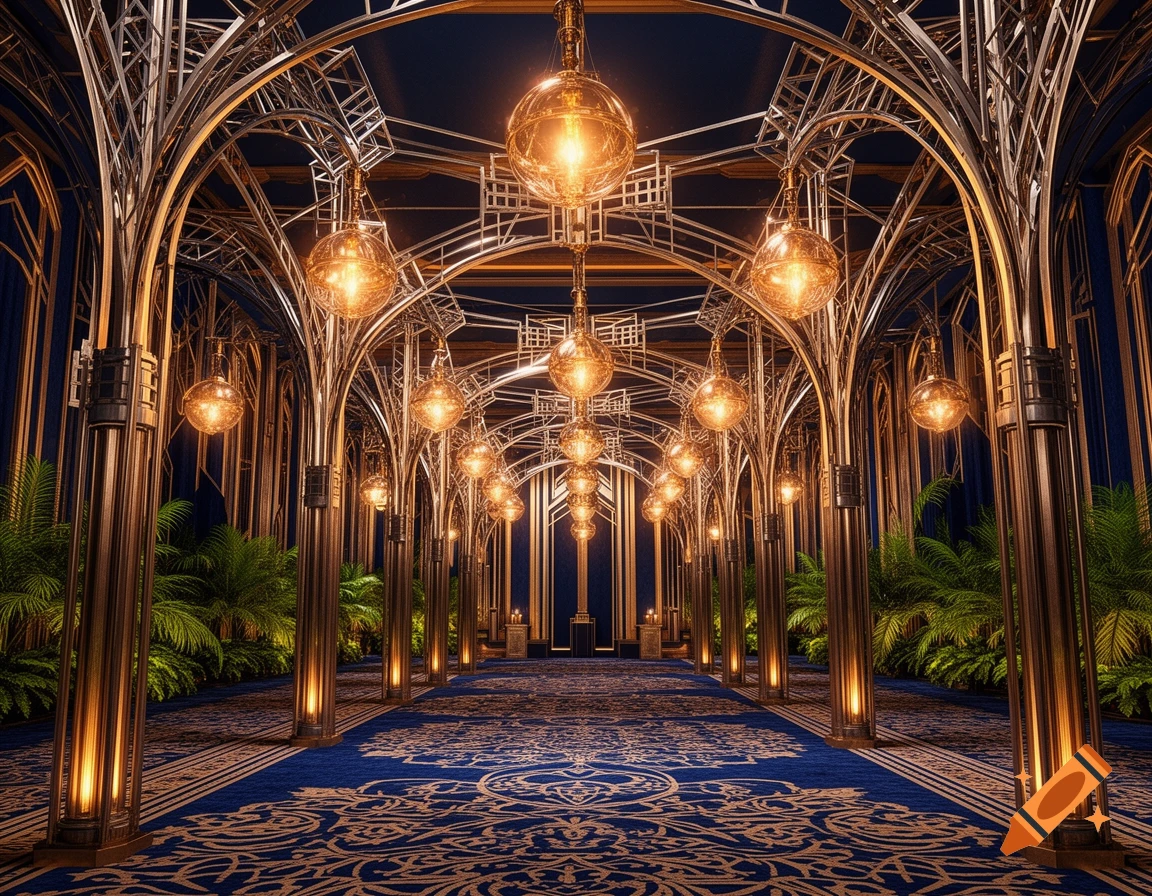 An ornate Art Deco hall with golden metallic arches, glowing sphere lights, a royal blue patterned carpet, and lush green plants.