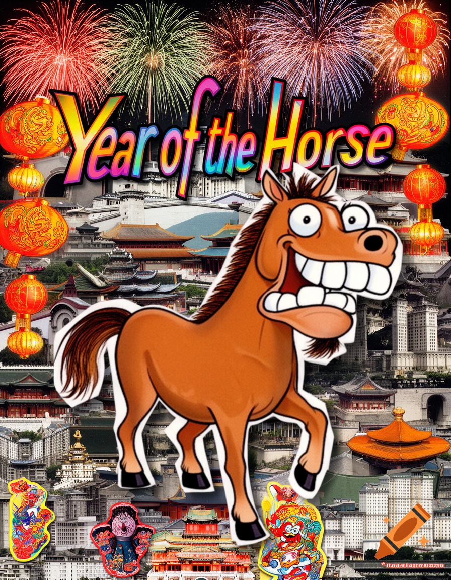 Cartoon horse with a wide grin over a collage of Chinese cityscapes and lanterns, fireworks in the night sky. 'Year of the Horse' text.