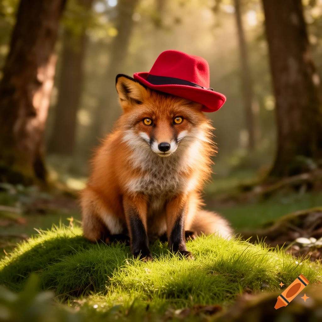 A photorealistic fox with a red hat sits on a mossy patch in a sunlit forest.