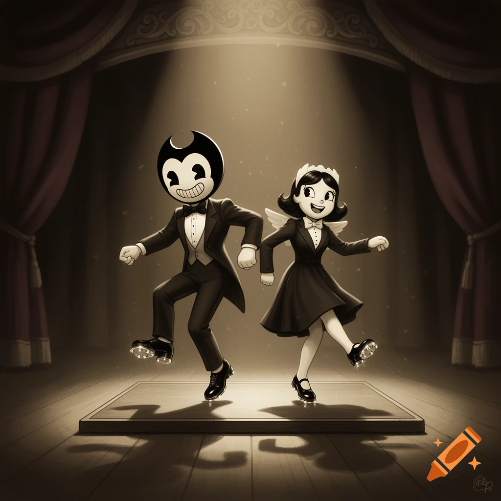 Bendy and Alice Angel tap dancing on a stage in a sepia-toned cartoon style.